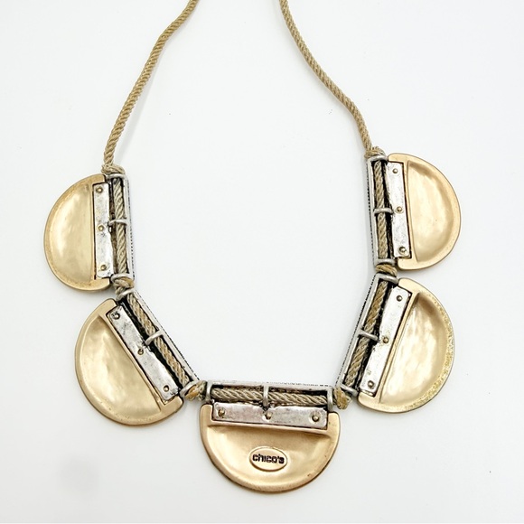 Chico’s Brushed Gold Rhinestone Statement Necklace Rope Chain Bib - Picture 7 of 12